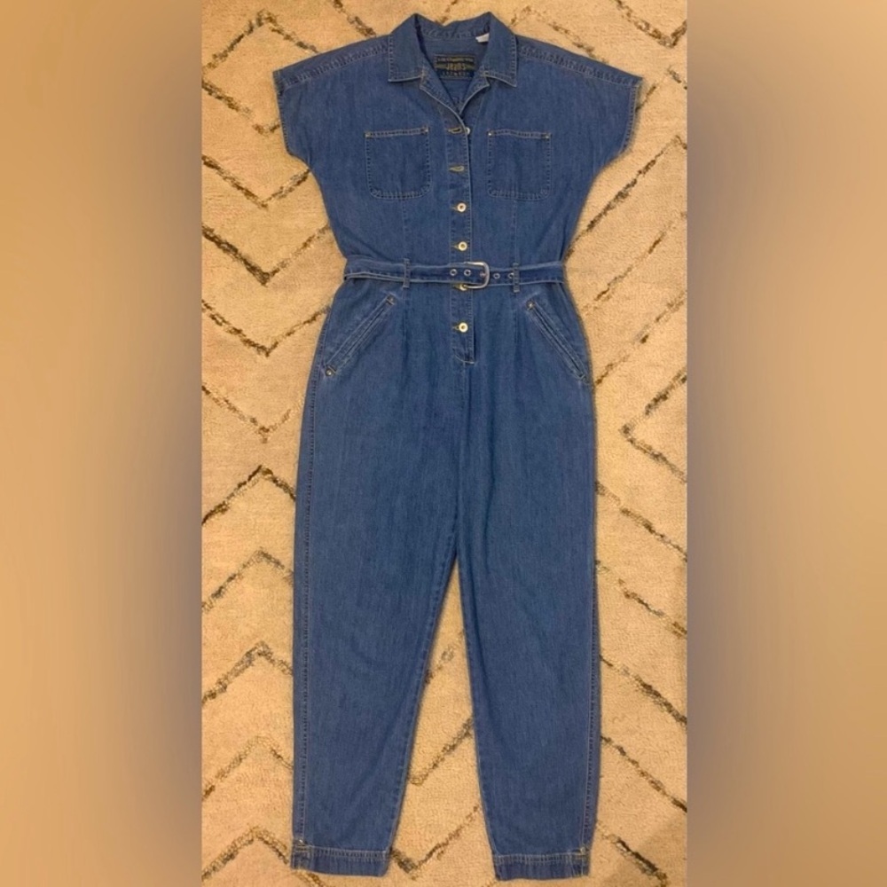 Vintage Liz Claiborne Denim Jumpsuit Romper Belted Utility 90s Blue Medium - Picture 2 of 11